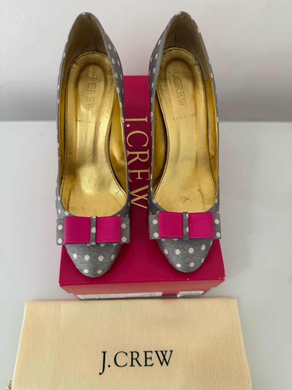 J. Crew Gray Polka Dot Trixie Pumps with Pink Bow Size 7